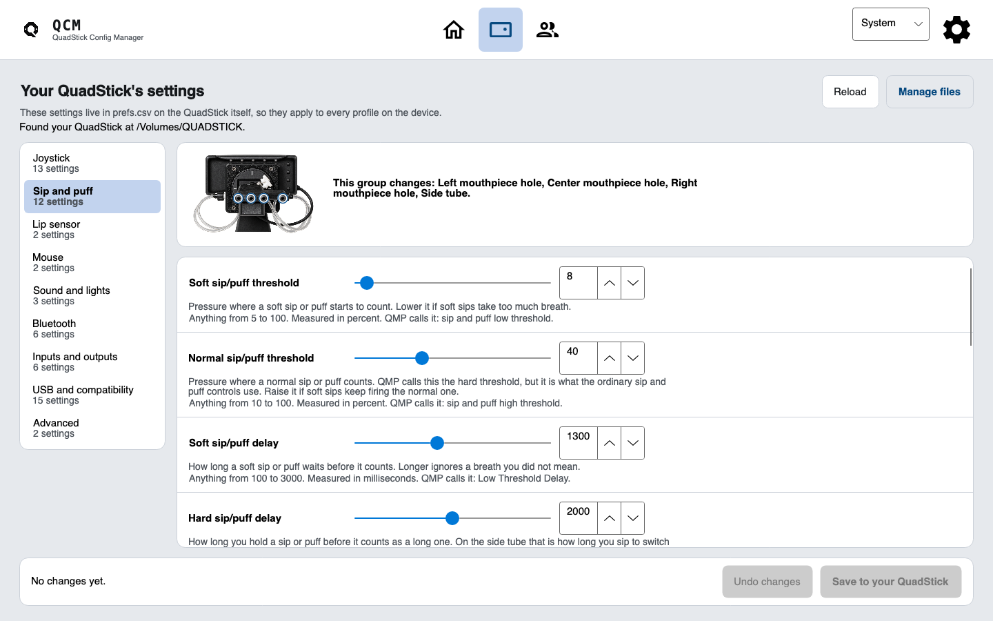 The device settings page, with a slider and a typeable number for each bounded setting