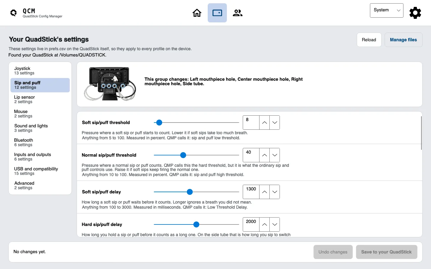 The device settings screen: the sip and puff group, each setting on a slider with its exact number beside it and a line saying what it changes.
