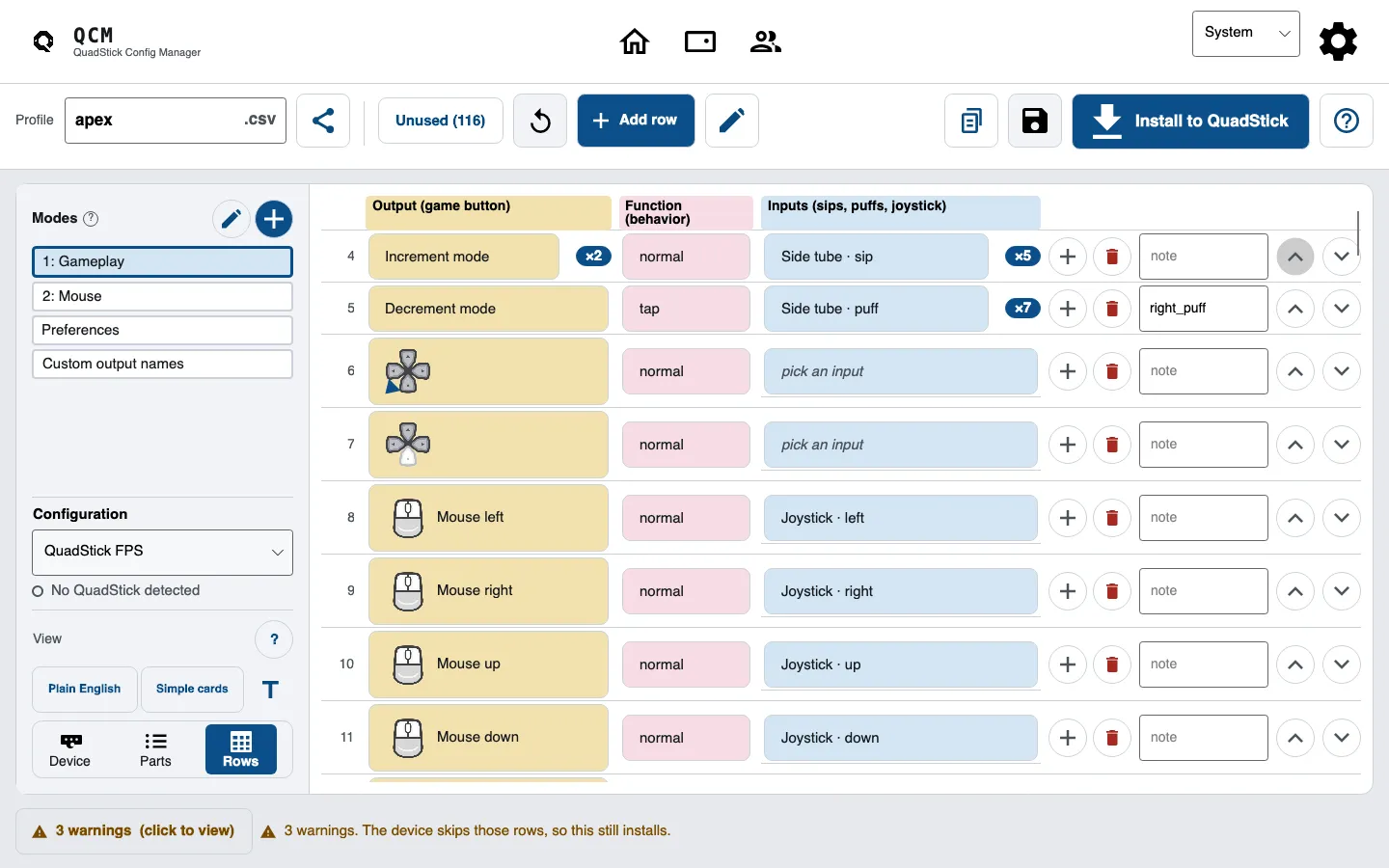 The list view: one row per mapping, output, function and inputs in their own coloured columns, with a note field and Add row and Delete row controls.