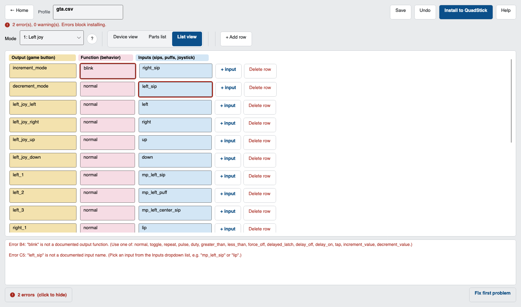 The problems panel listing validation errors in plain language, with the offending cells outlined in red.