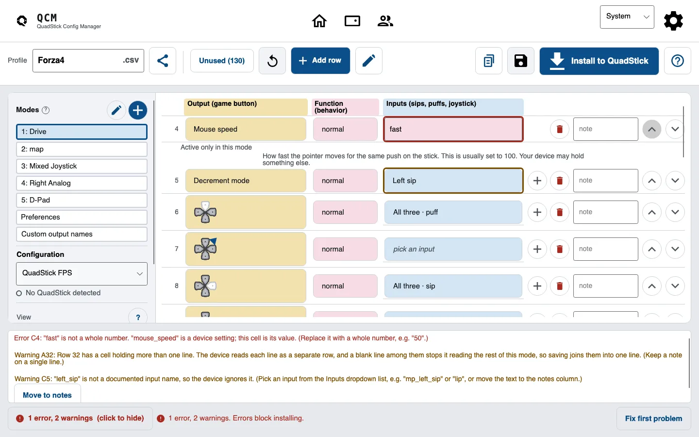 The problems panel: one error and two warnings written out in plain English, each naming its cell, with the bad cells outlined in red.