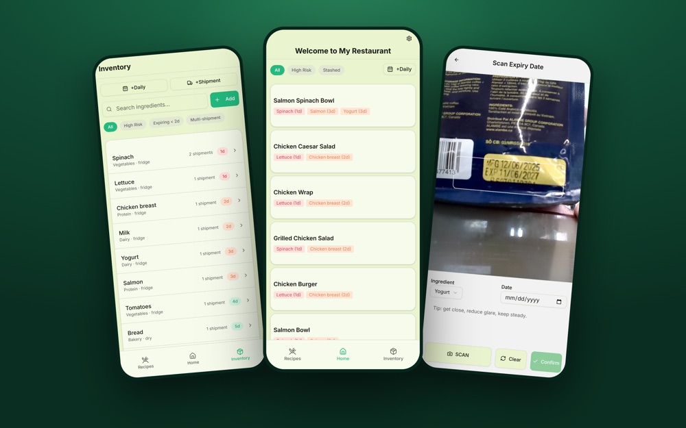 Expiry app screens: inventory, home, and expiry-date scanner