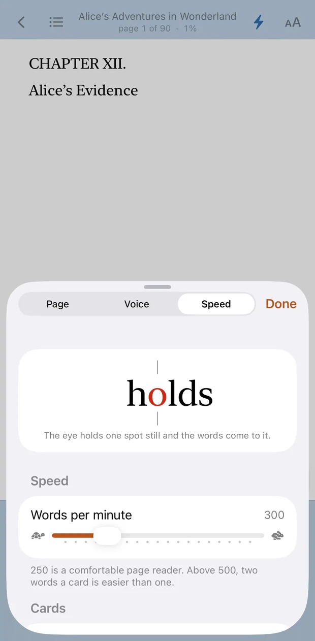Speed reading one word at a time with the words-per-minute control