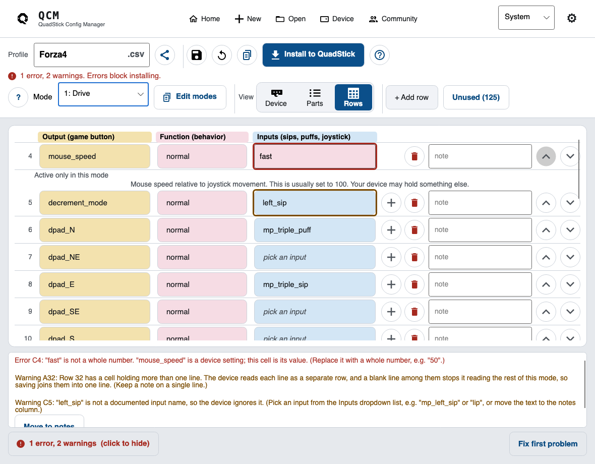 QuadStick Config screenshot