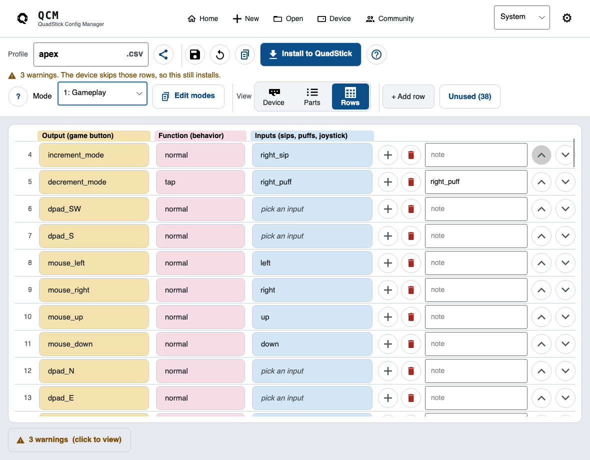 QuadStick Config screenshot