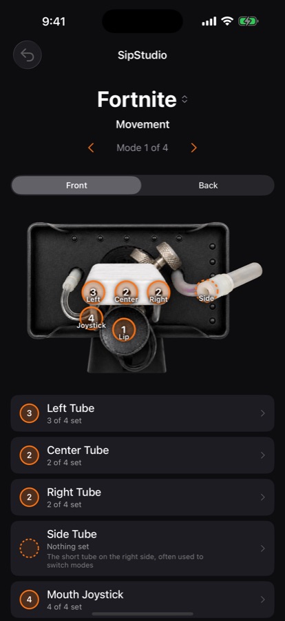 A QuadStick profile with the device photo and tappable tubes, joystick and lip switch