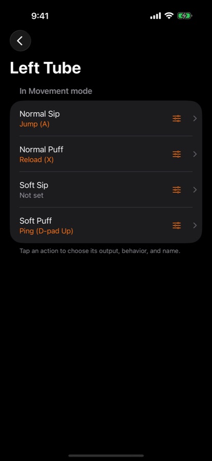 Left Tube detail screen showing normal sip, normal puff, soft sip and soft puff assignments
