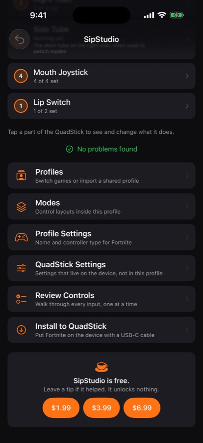 Profile home screen with no problems found, a list of actions, and the tip jar
