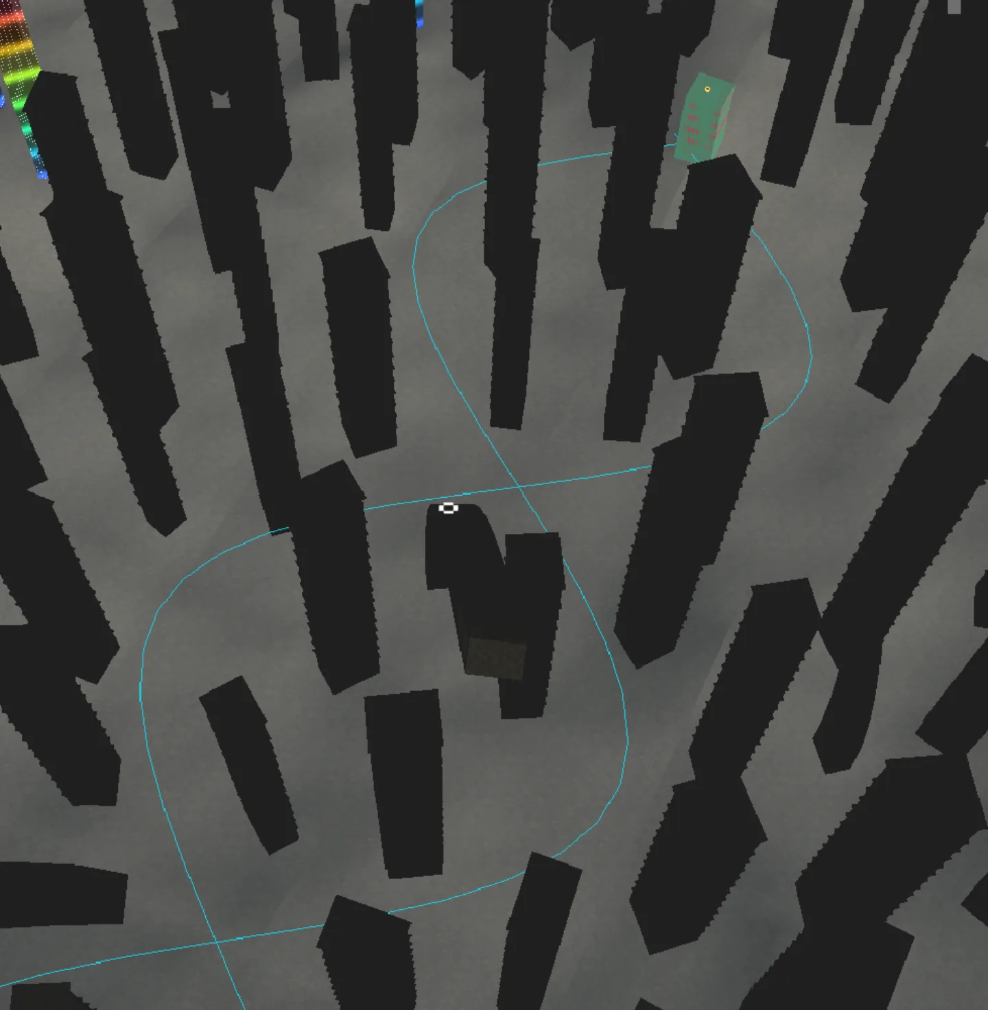 Top-down debug view of the sine-wave route through a generated map