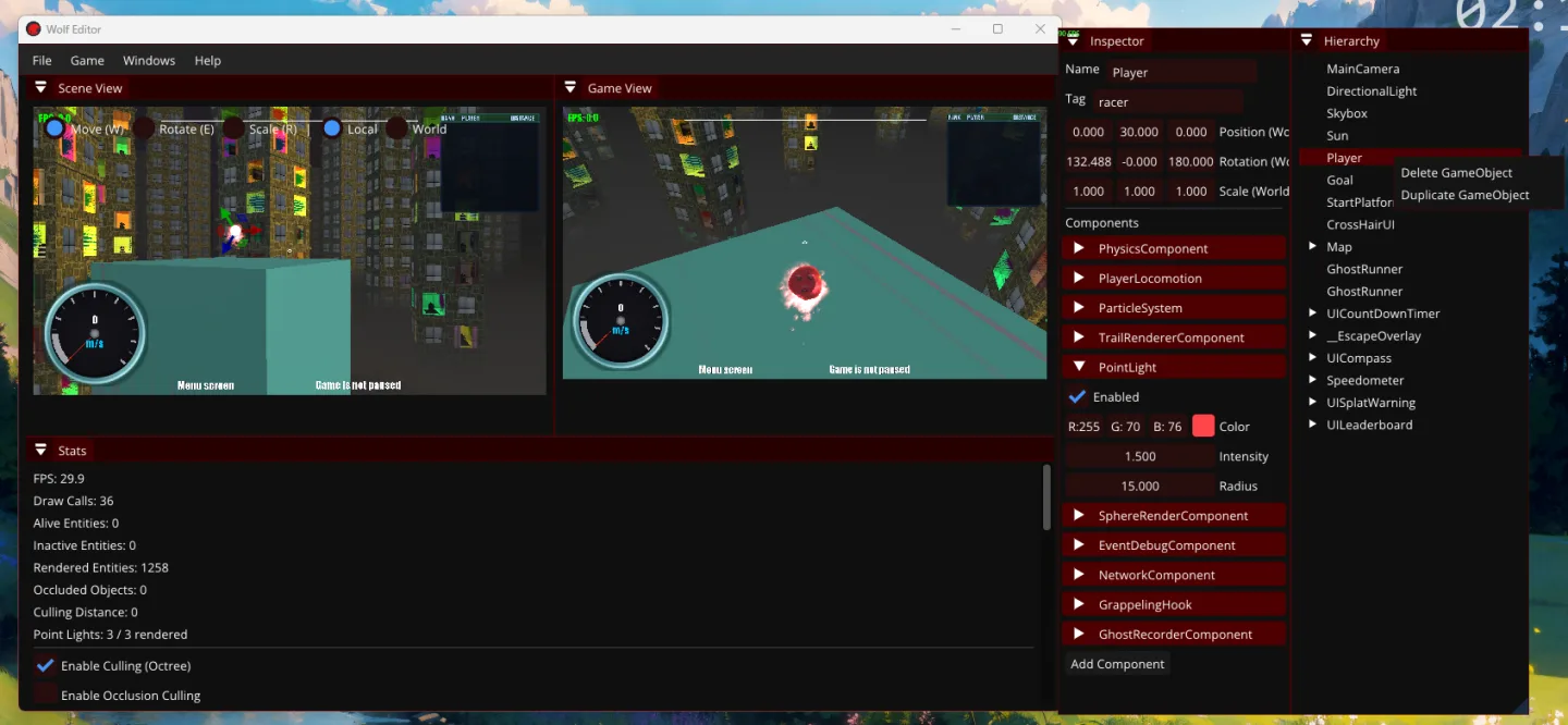 In-engine editor view with debug overlays, hierarchy, and inspector