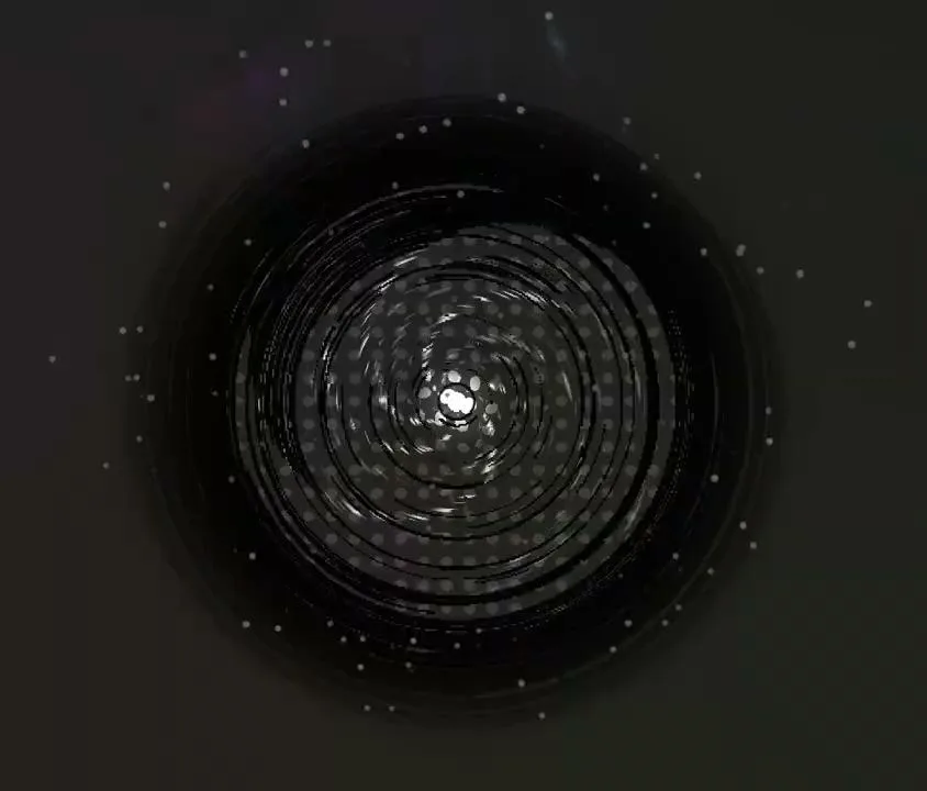 Black hole shader: spiral arms, halftone dots, screen-space distortion